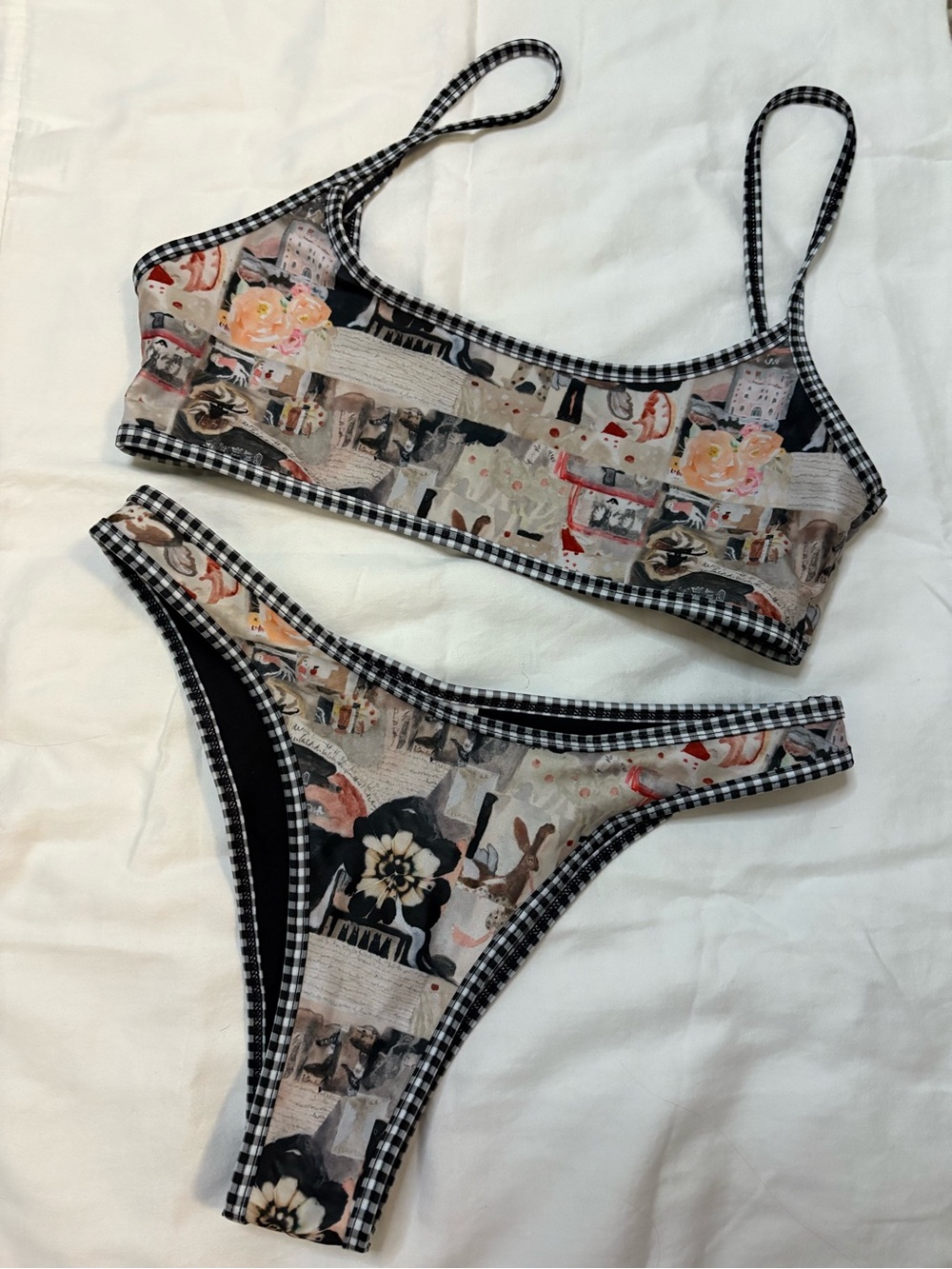 Strawberry Milk Mob Floral & Gingham Print Bikini Set in Black, White, Pink